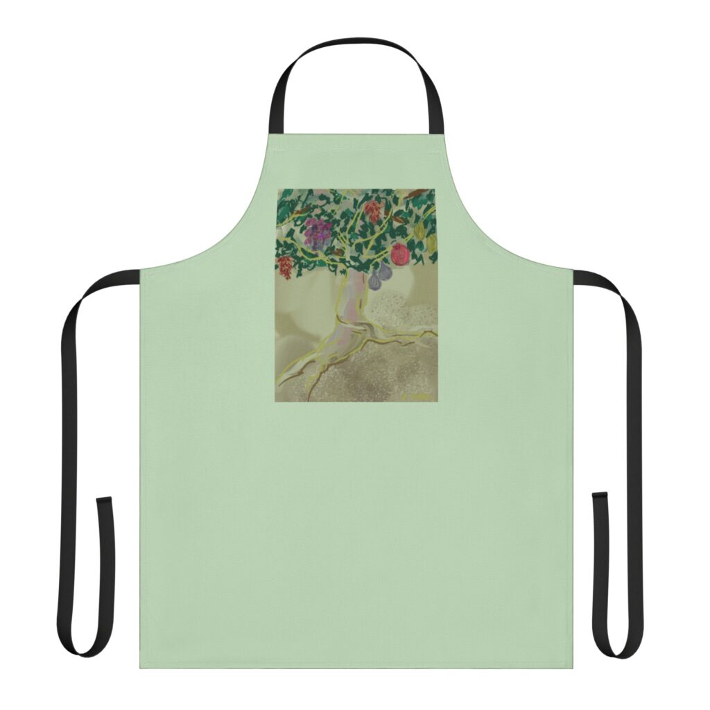 Pale green Seven Species canvas apron with black straps and a panel of fruit and grain artwork