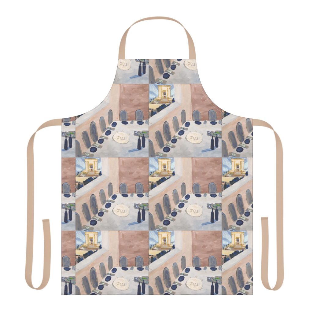 Front view of the Pesach apron with beige straps and a repeating Seder table artwork pattern