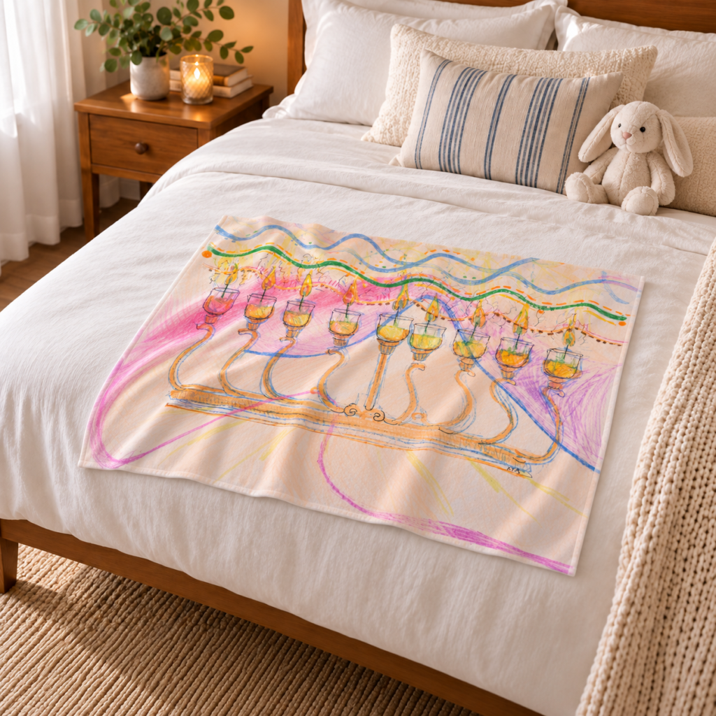 Small Hanukkah throw blanket with pastel menorah artwork laid across white bedding beside a plush bunny
