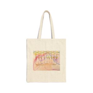 Front view of a natural canvas tote bag with long handles and pastel Hanukkah menorah artwork