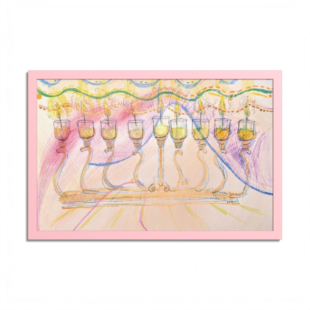 Colorful Hanukkah menorah art print in a pink landscape frame, with nine glowing lights and pastel pink, yellow, green and blue strokes