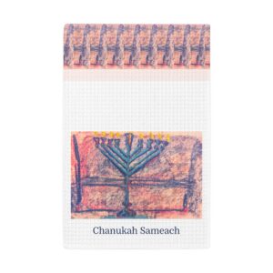 Front view of a white waffle Hanukkah kitchen towel with colorful menorah artwork, patterned top border and “Chanukah Sameach” lettering